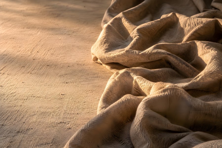 Crumpled Natural Linen Canvas Fabric Texture Background with Warm Side Light and Copy Space