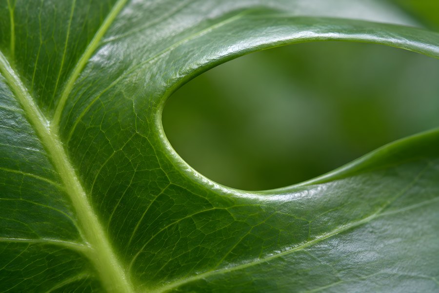 Close-up of a glossy tropical leaf with a natural fenestration hole and prominent veins