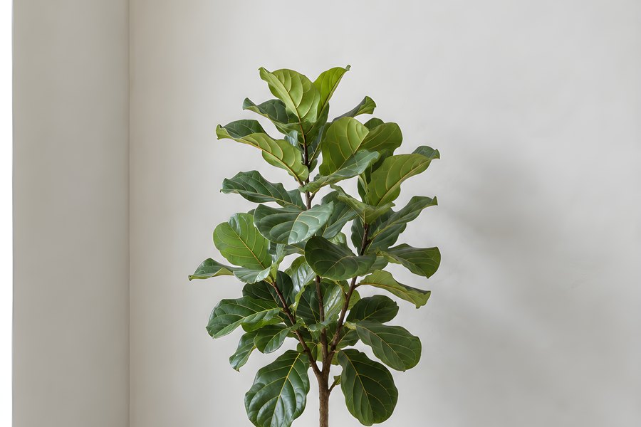 Fiddle Leaf Fig Plant in Ceramic Pot Standing in a Minimal Beige Corner with Soft Natural Light
