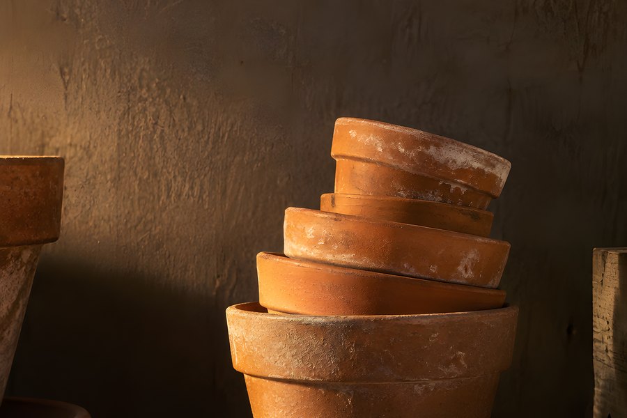Stack of empty terracotta pots on a rustic wooden bench in warm golden light
