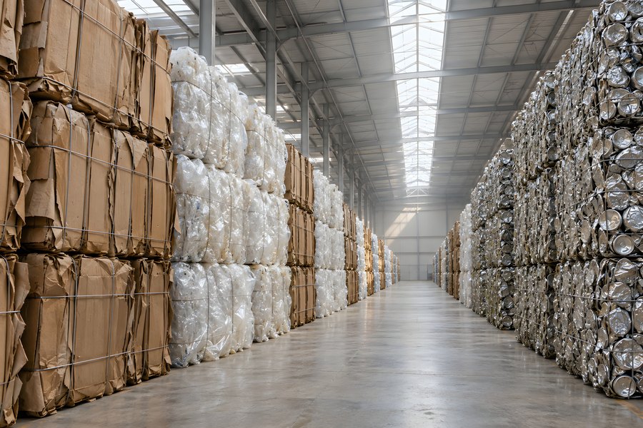 Rows of cardboard, plastic and aluminium recycling bales stacked in an industrial warehouse aisle with no people present