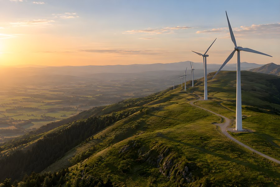 Onshore wind farm turbines on a green ridge at sunset above a rural farmland valley, aerial view with gravel access road