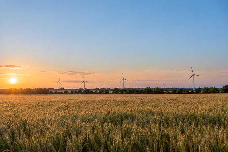 Row of onshore wind turbines across a golden wheat field at sunset under a clear blue and orange sky