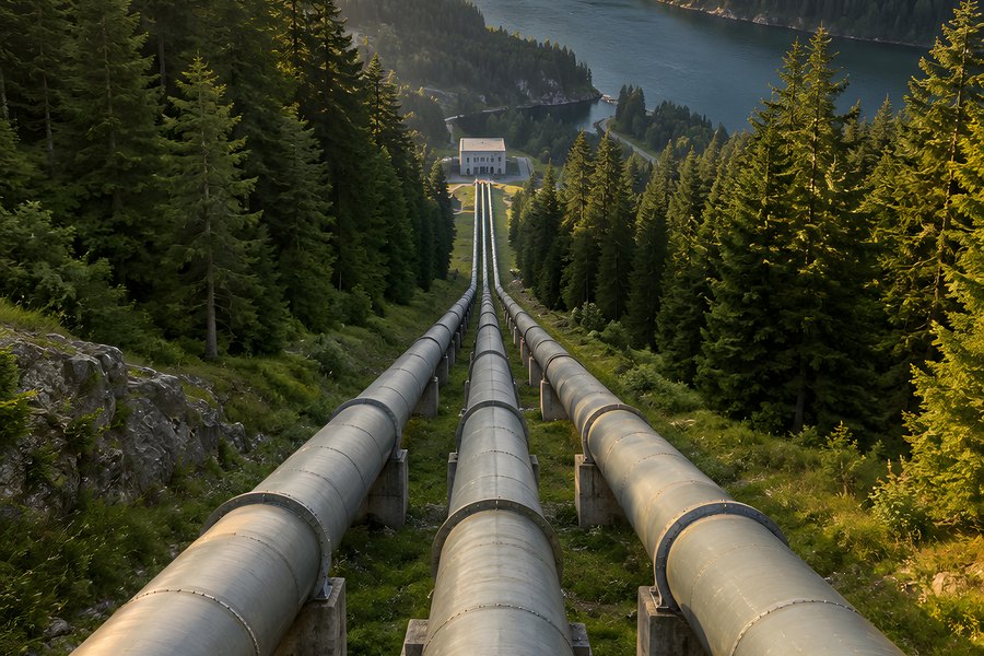 Three steel penstock pipes running down an alpine mountainside to a hydropower plant powerhouse above a forested reservoir at sunset