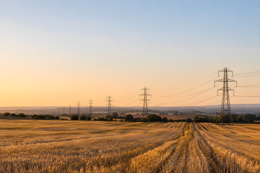 Row of steel lattice transmission pylons carrying overhead power lines across a harvested golden stubble field at dusk