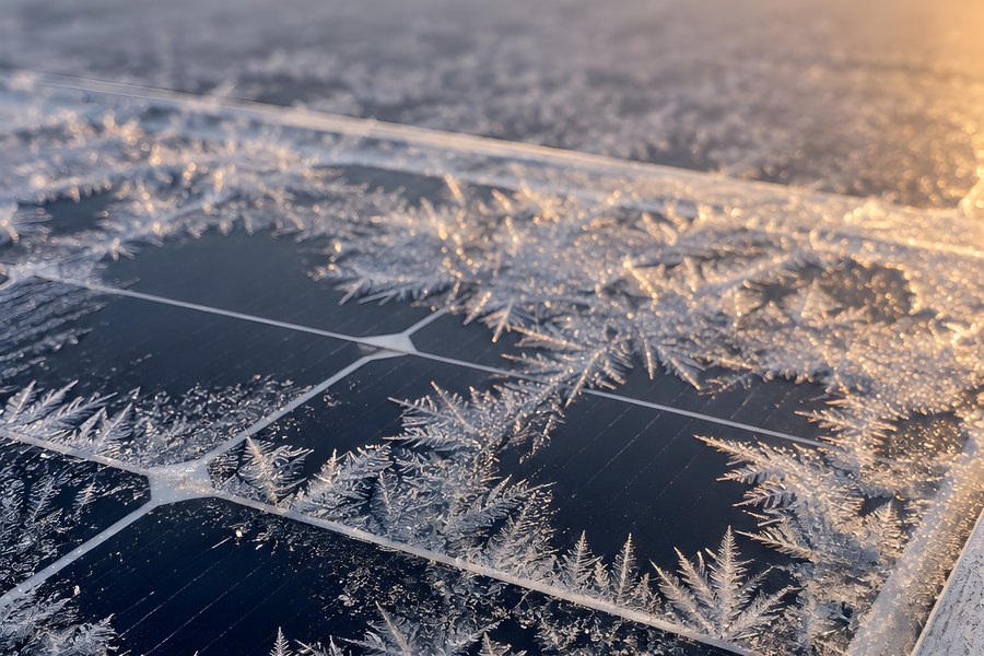 Feathery frost crystals spreading across a solar panel corner with dark photovoltaic cells and aluminum frame under golden sunrise light