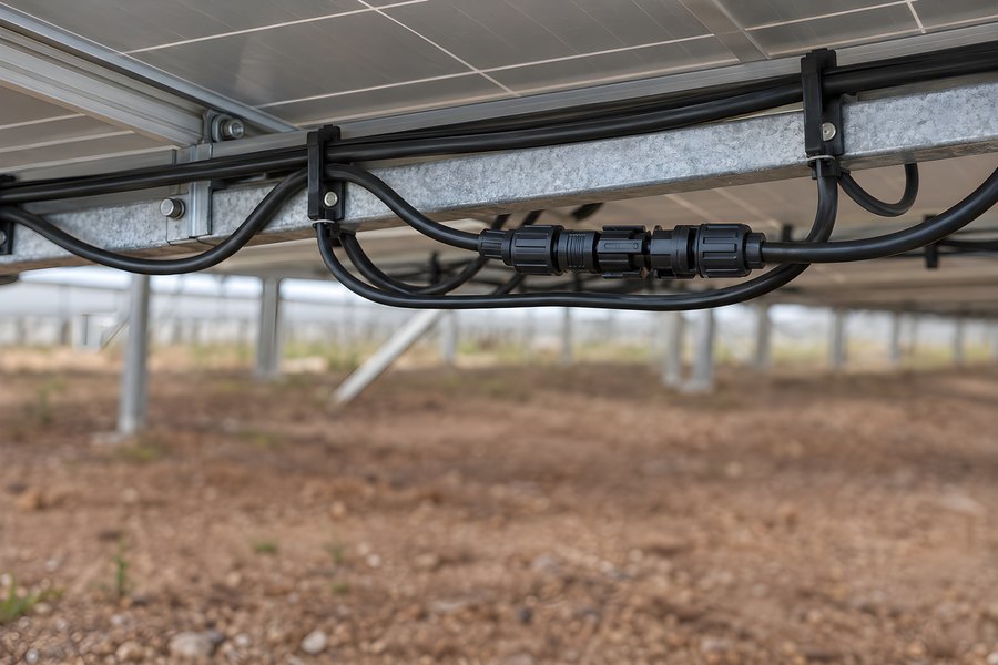 Underside of a ground-mounted solar array showing black cables, a connector and galvanized steel rail above bare soil