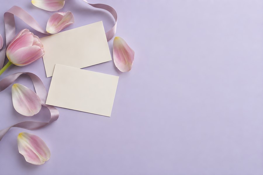 Blank Stationery Cards with Pink Tulip Petals and Satin Ribbon on Pastel Lavender Background, Flat Lay with Copy Space