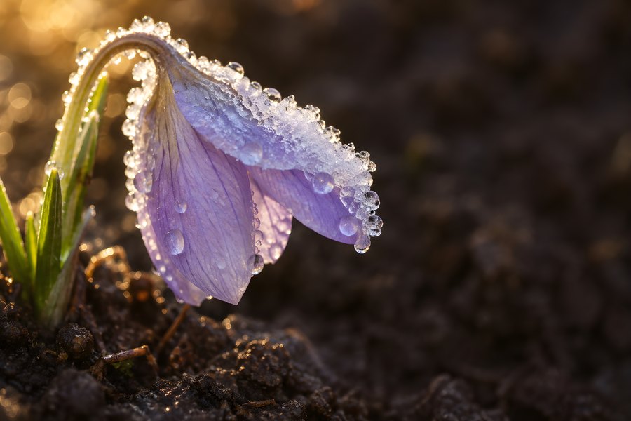 Melting Frost on a Nodding Purple Spring Flower with Glistening Water Droplets at Sunrise