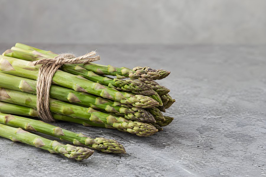 Bundle of fresh green asparagus tied with rustic twine on a gray stone surface, spring vegetable still life
