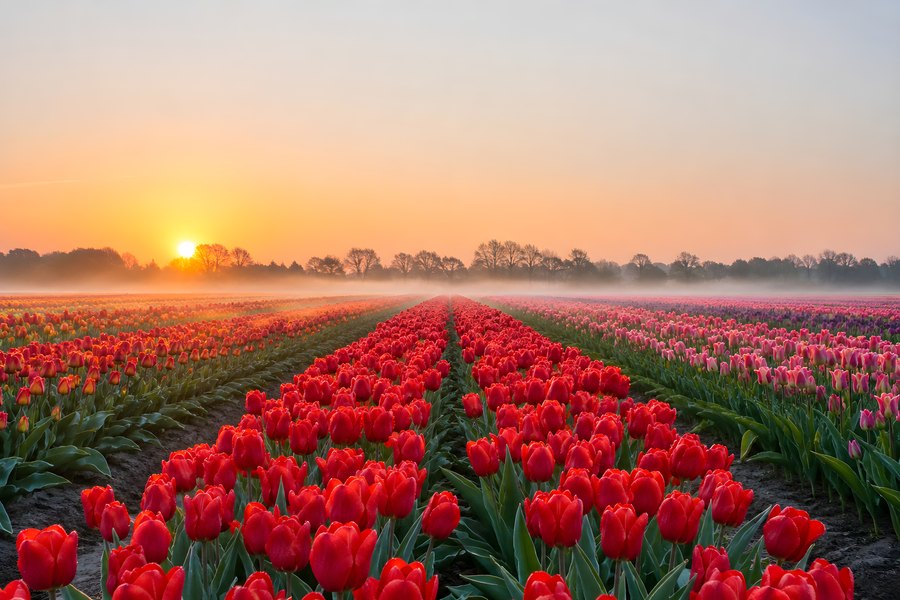 Rows of red, pink and purple tulips stretching toward a misty sunrise horizon