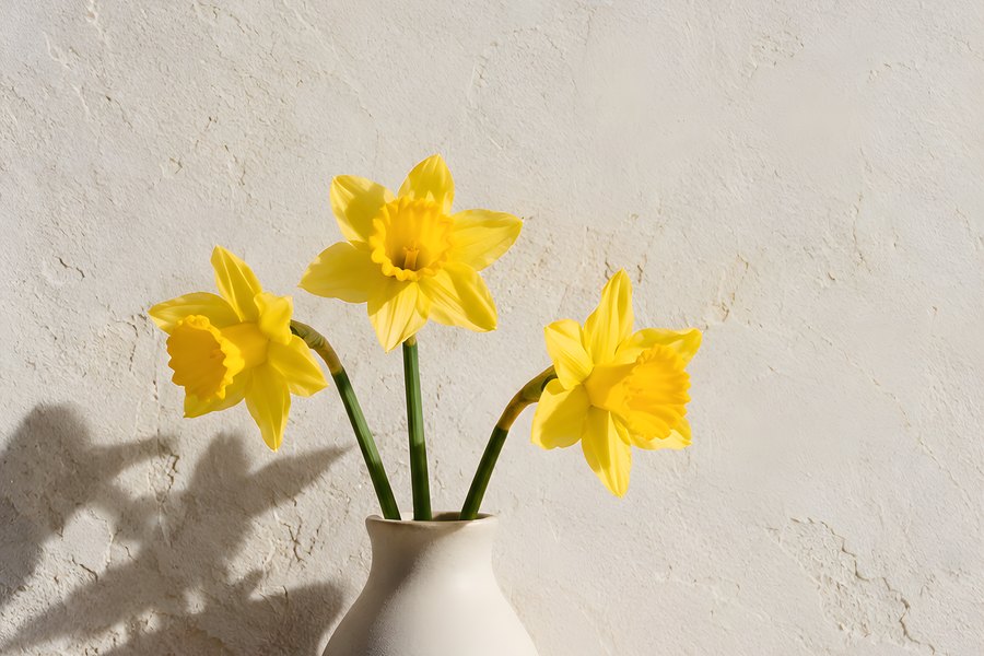 Three yellow daffodils in a ceramic bud vase casting a dramatic shadow on a pastel plaster wall with copy space