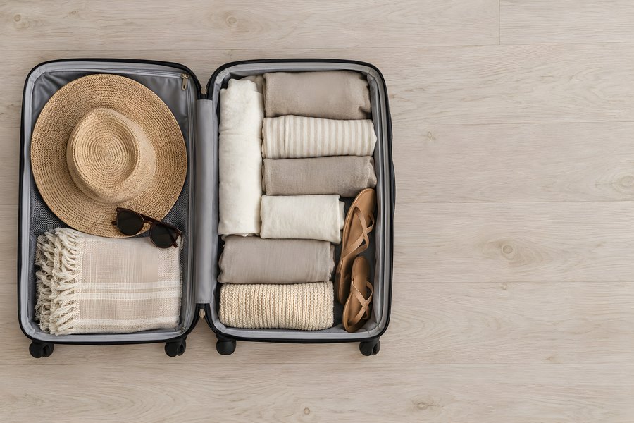 Open suitcase packed for a summer trip with straw hat, sunglasses, folded clothes and sandals on a wood floor, flat lay with copy space