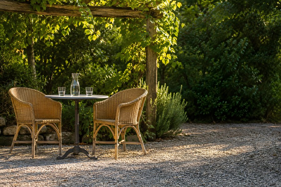 Empty bistro table with wicker chairs and water glasses on a gravel terrace under a shaded pergola at golden hour