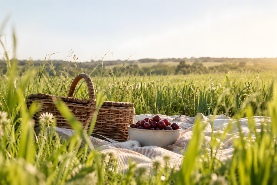 Wicker Picnic Basket and Bowl of Fresh Cherries on a Blanket in a Sunlit Summer Meadow