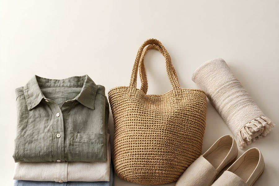 Flat lay of folded linen shirts, a woven tote bag, rolled towel and espadrilles for a summer trip, neutral background with copy space