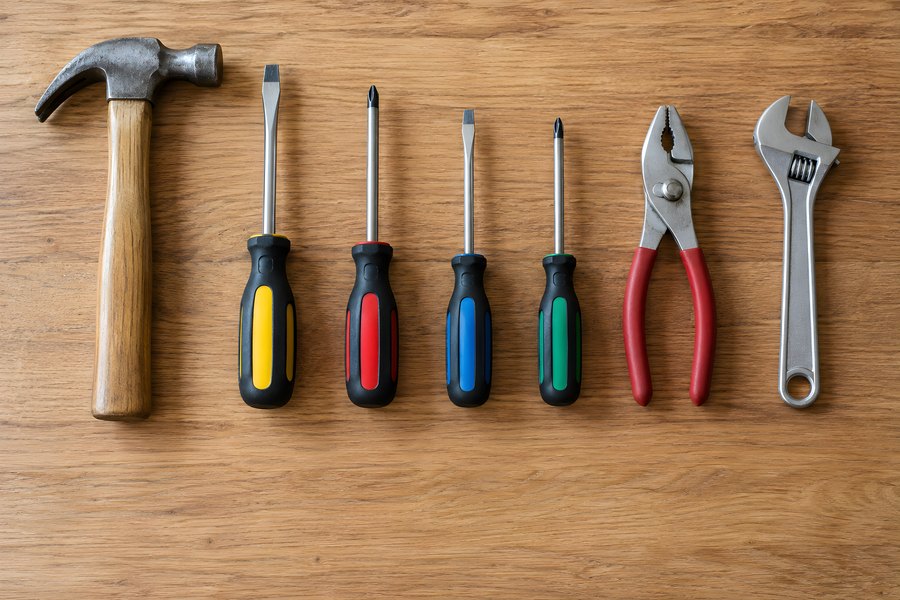 Hand tools flat lay with hammer, screwdrivers, pliers and wrench on a wooden workbench, top view with copy space