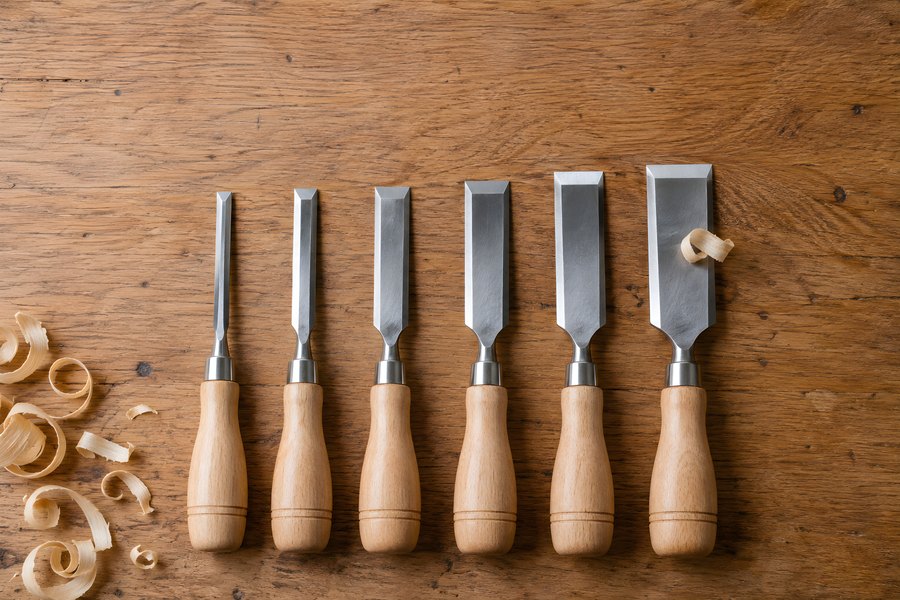 Six woodworking chisels with graduated blade widths lined up on a wood-grain workbench beside curled wood shavings