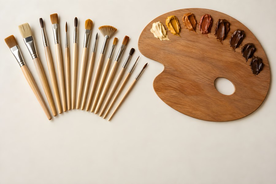 Artist Paintbrushes Fanned Out Beside a Wooden Palette with Mixed Colour Paint, Overhead Flat Lay