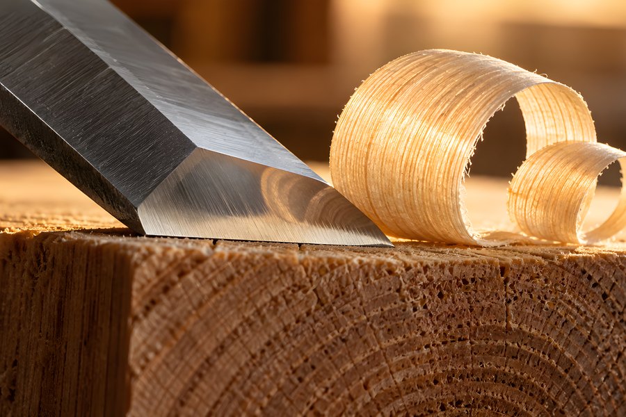 Close-up of a bevel-edge woodworking chisel resting on an oak block with curled wood shavings