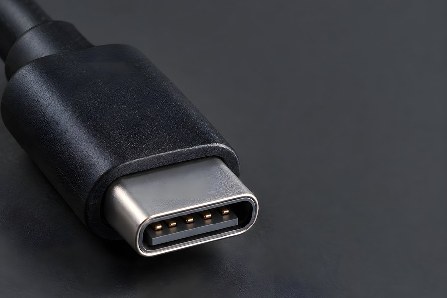 Close-up of a black charging cable connector with metal shell and gold contact pins on a dark gradient background