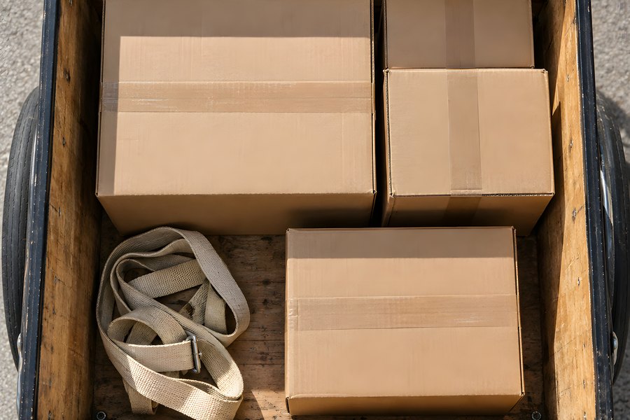 Overhead View of an Open Cargo Bike Box Packed With Unmarked Cardboard Boxes and a Tie-Down Strap