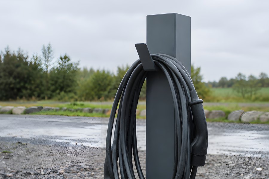 Coiled black EV charging cable hanging from a hook on a grey metal post in an empty gravel lot under an overcast sky