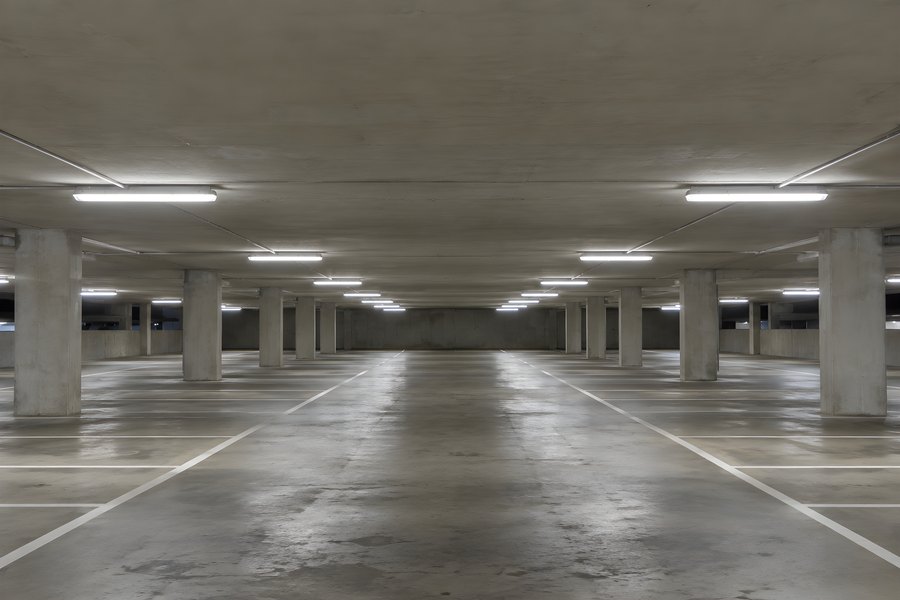 Empty Parking Garage with Concrete Columns and Painted Bay Lines Receding to a Vanishing Point