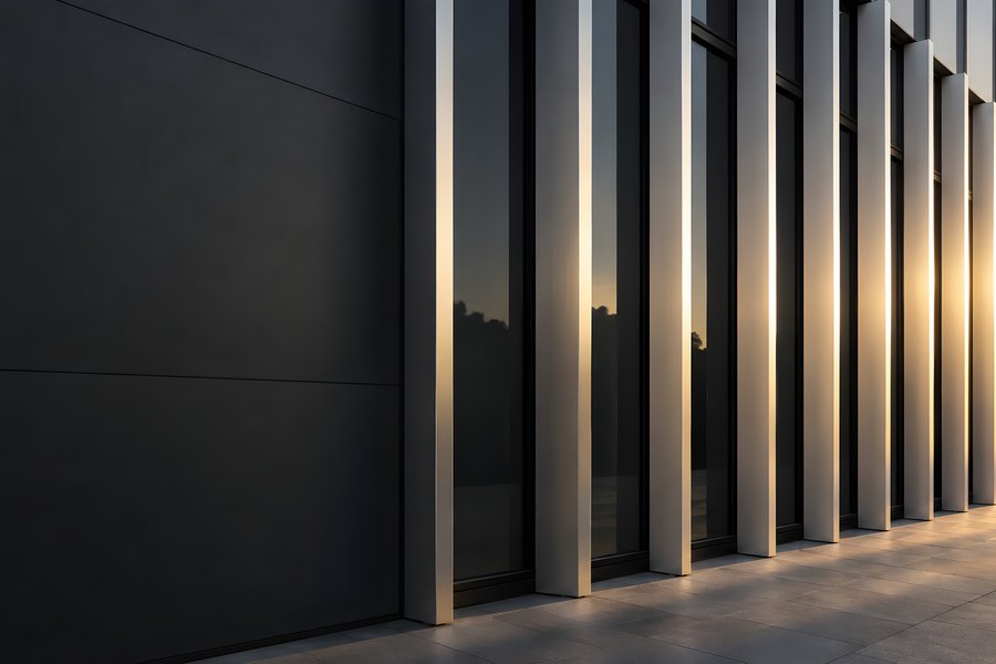 Vertical Aluminium Sun-Shading Fins on a Glass Office Facade Glowing in Golden Hour Light