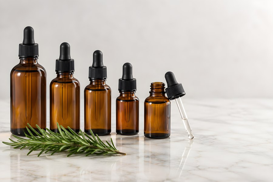 Row of unlabelled amber glass essential oil bottles with dropper caps and a fresh rosemary sprig on white marble, copy space