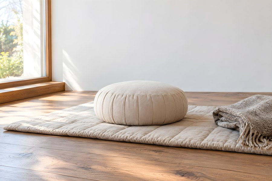 Round meditation cushion on a quilted mat in a sunlit corner by a wood-framed window, with a folded knit throw and warm hardwood floor
