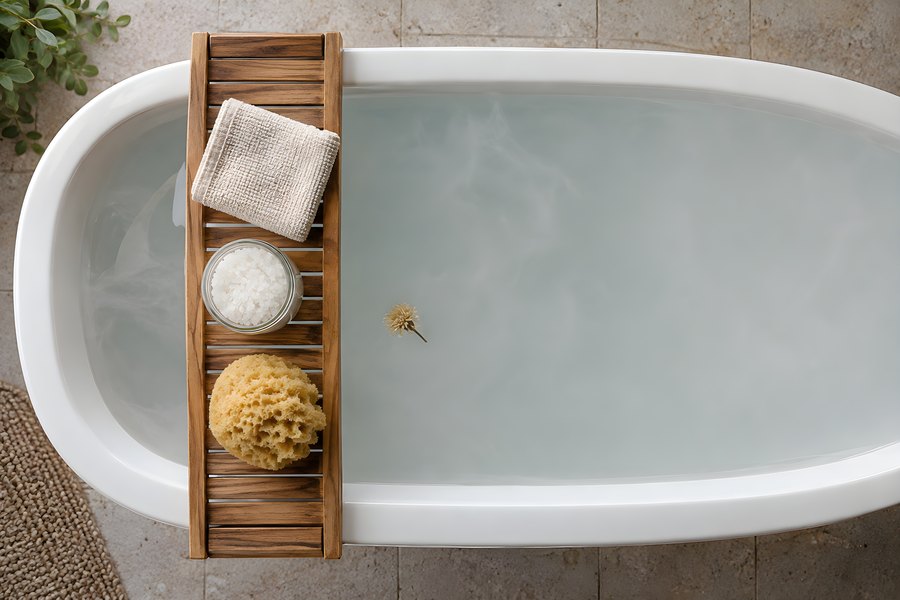 Wooden bath tray with folded towel, salt jar and natural sponge resting across a white tub filled with water, overhead view, no people