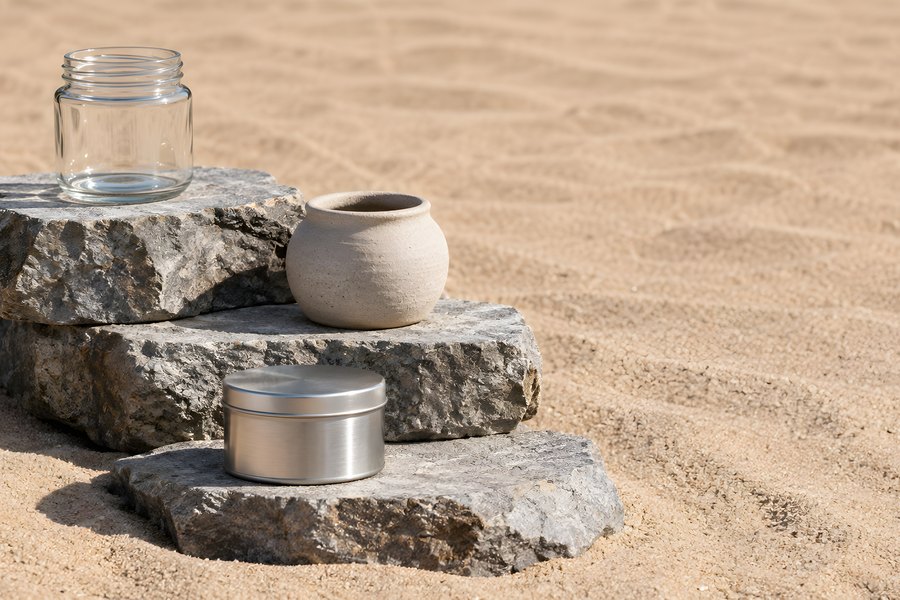 Blank glass cosmetic jar, ceramic pot and metal tin staged on stacked stone risers in sand with copy space